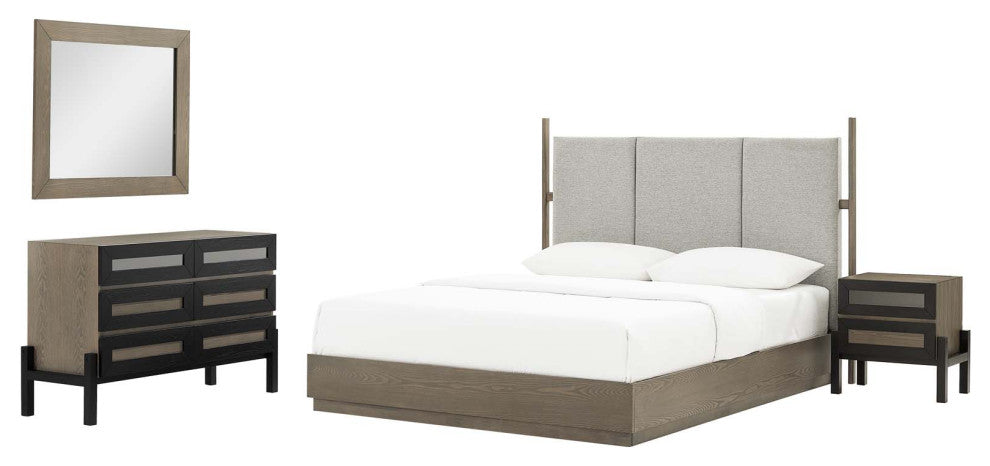 Platform Bed Dresser Chest Nightstand Set, Queen, Brown Oak, Wood, Modern