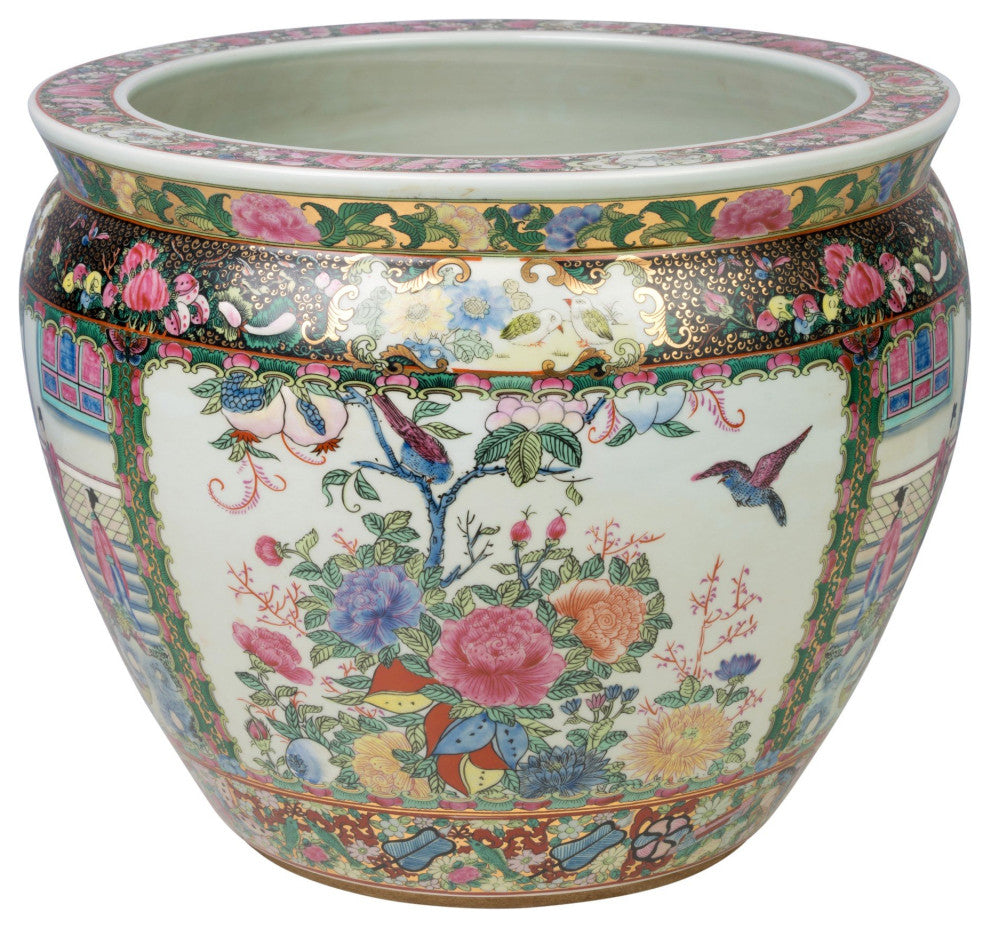 Oriental Rose Medallion Porcelain Bowl Planter 14" Diameter
