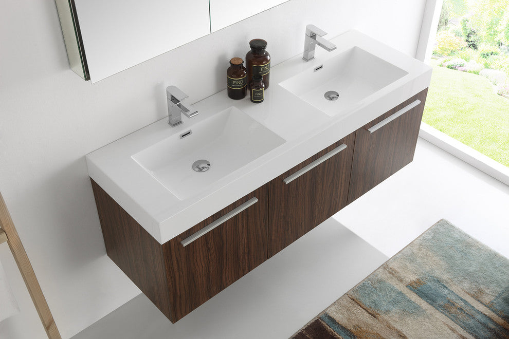 Vista 60" Walnut Wall Hung Double Sink Modern Bathroom Vanity, FFT3811CH