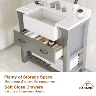 Bathroom Vanity, White Carrara Marble Top,with Sinks,Solid Wood Cabinets, 36in