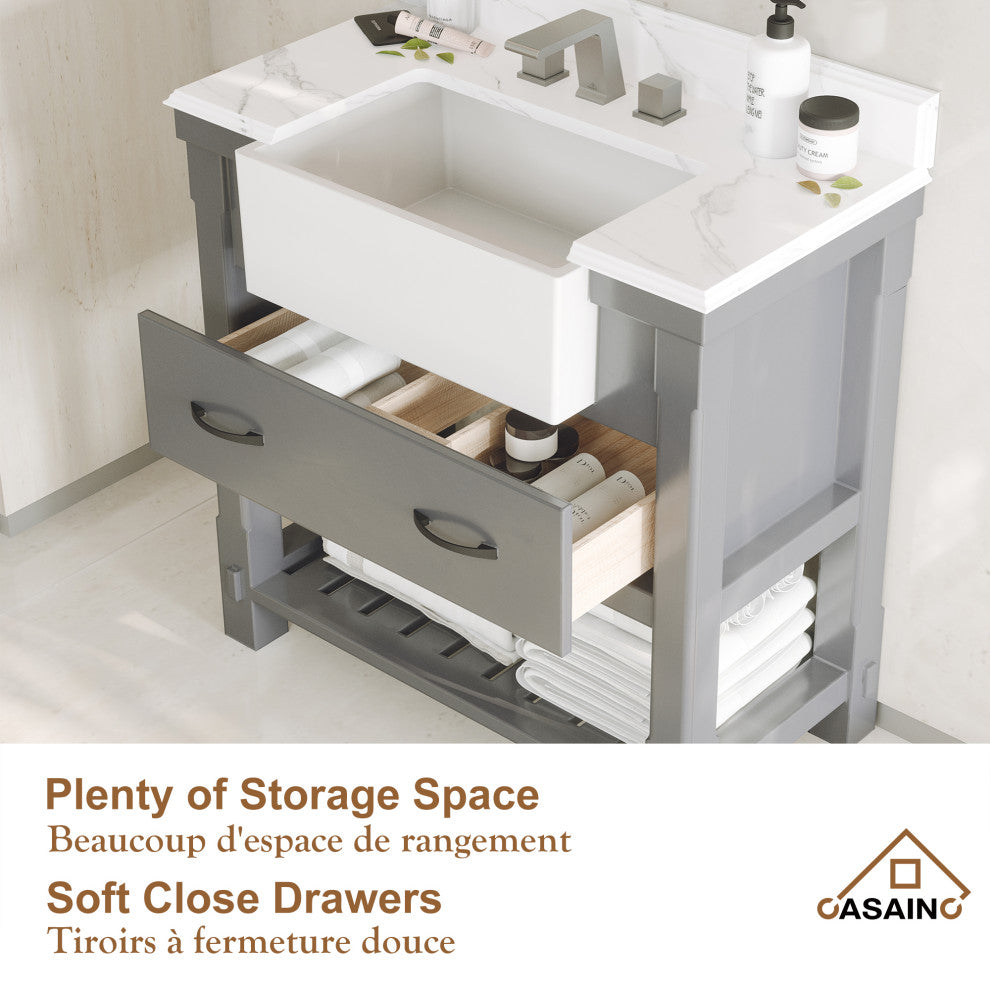 Bathroom Vanity, White Carrara Marble Top,with Sinks,Solid Wood Cabinets, 36in