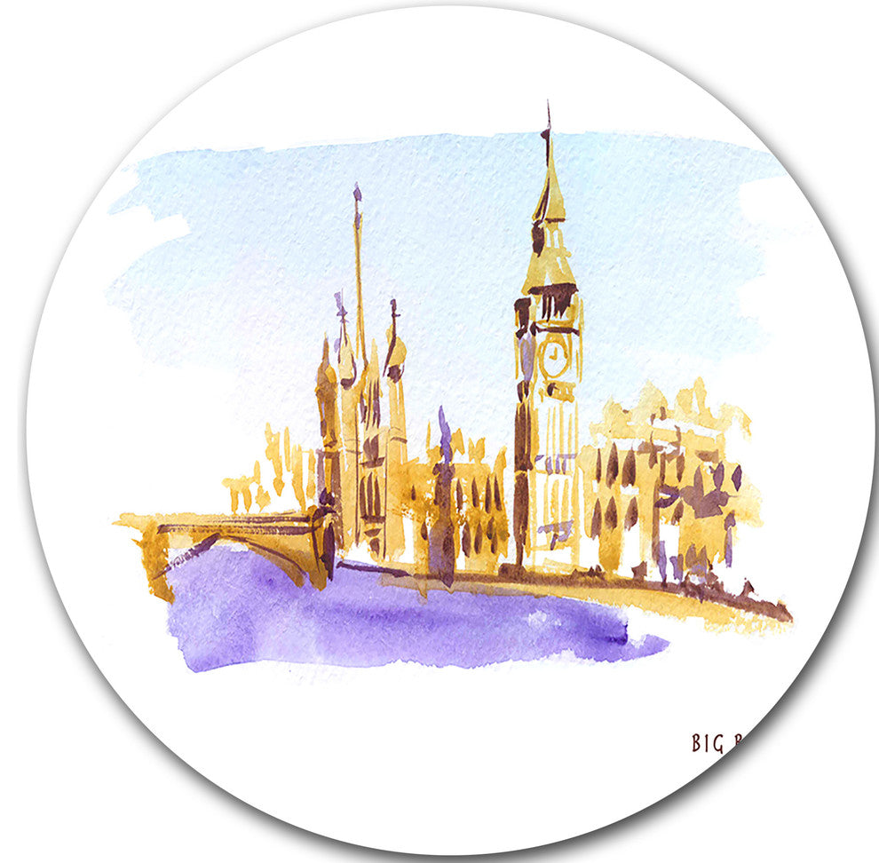London Brown Illustration, Cityscape Painting Round Metal Wall Art, 36"
