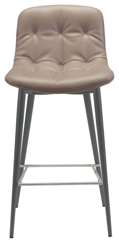 Counter Stool Chair, Set of 2, Faux Vinyl Leather, Steel, Taupe, Dark Gray