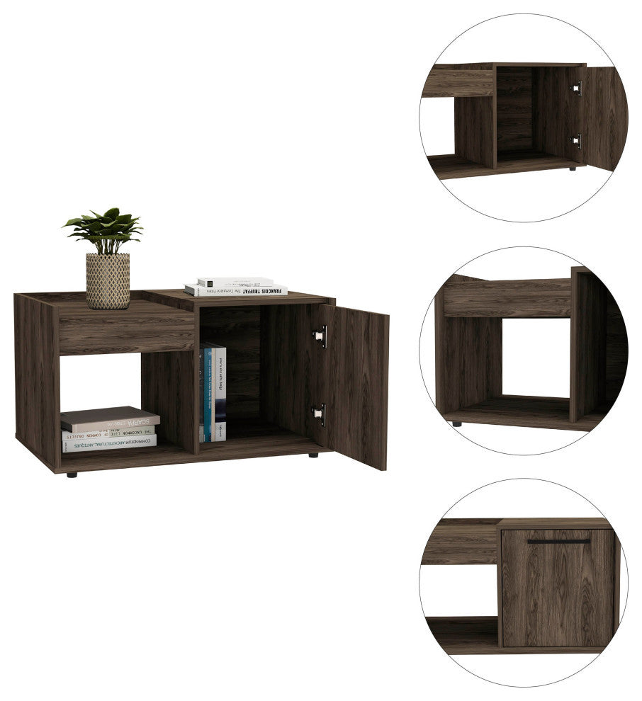Velvet Coffee Table with Single-Door Cabinet, Dark Walnut