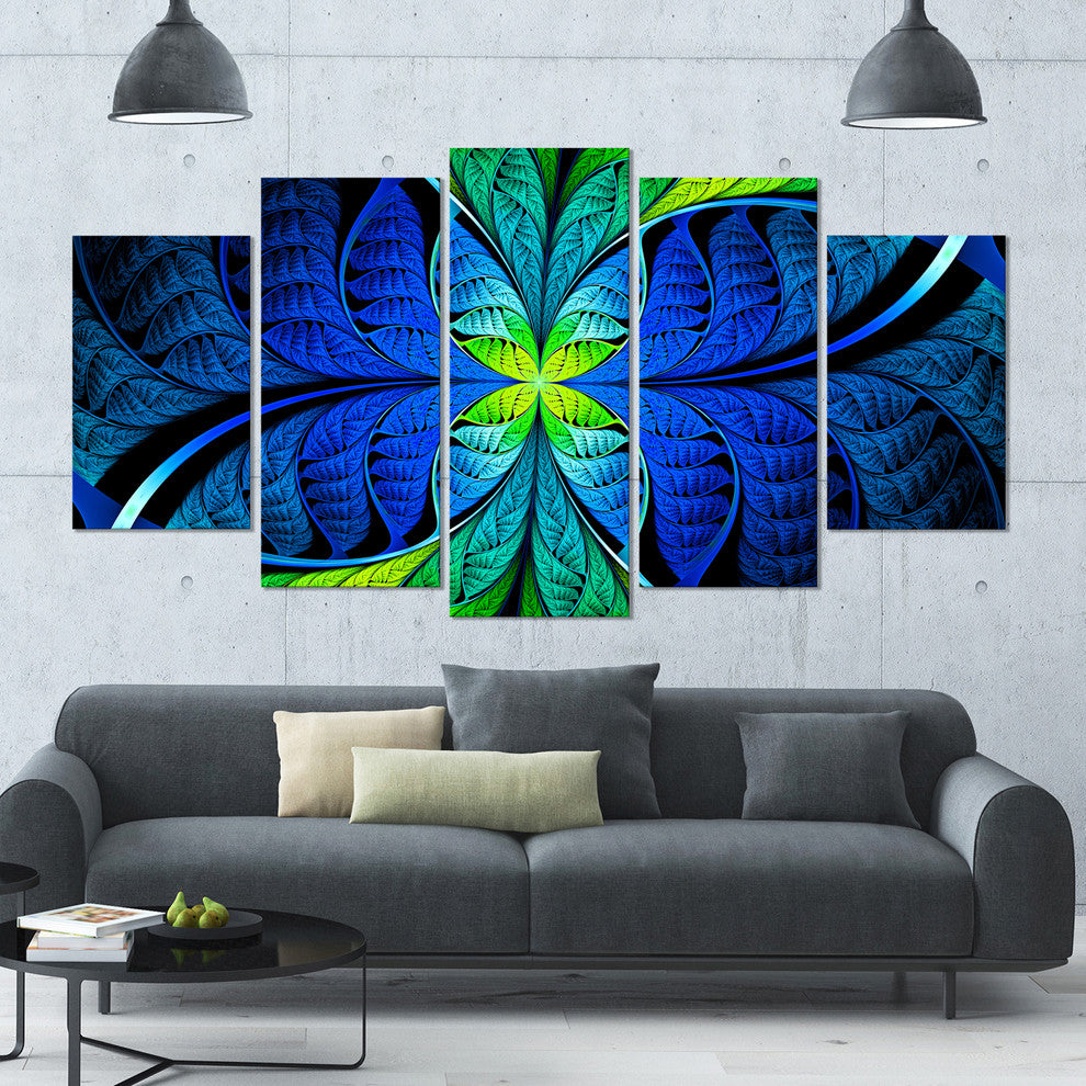 Blue Green Fractal Stained Glass, Abstract Canvas Art Print, 60"x32", 5 Panels