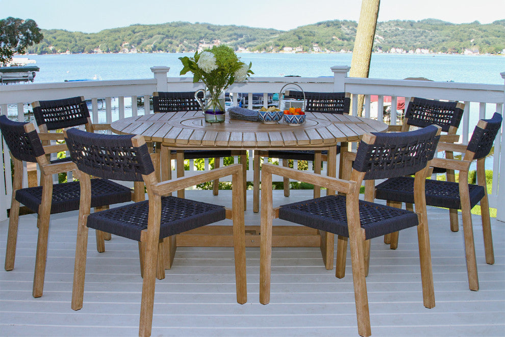 8 Person Antique Wash Lazy Susan Table With Blue Rope Chairs