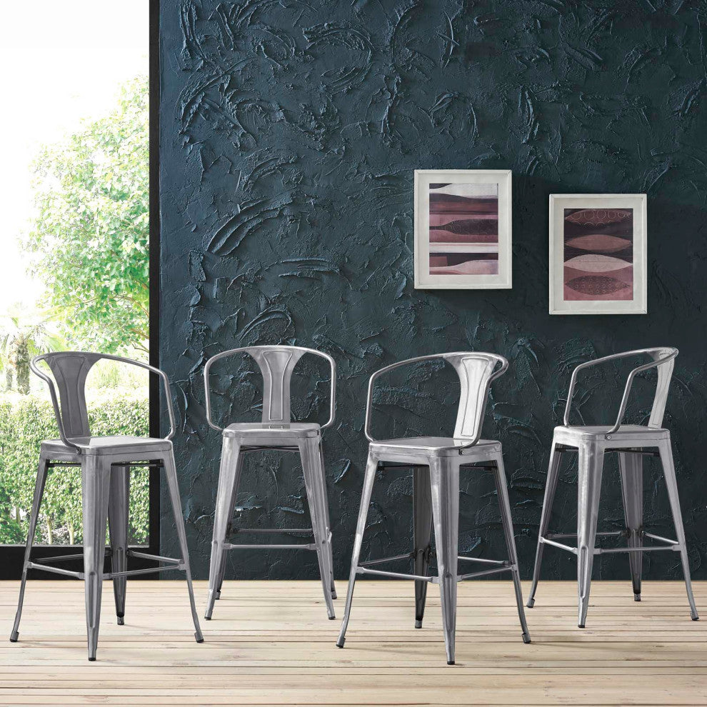 Bar Stool Chair Barstool, Set of 4, Metal, Gunmetal Silver, Modern, Bar Pub