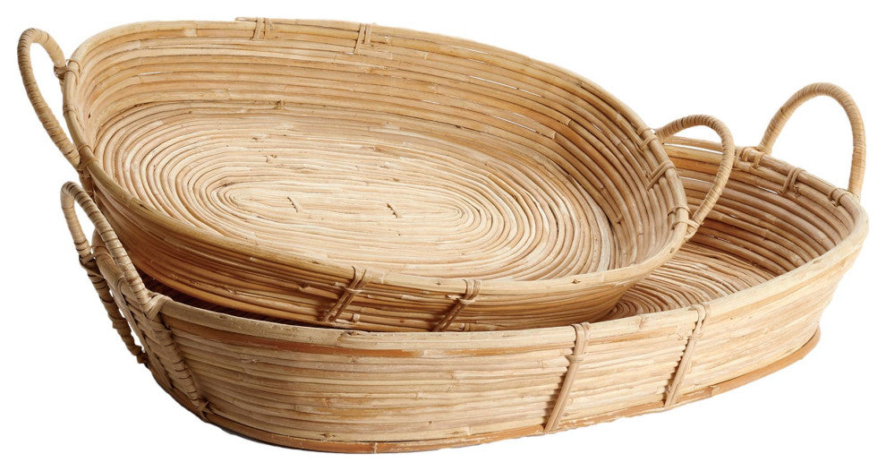 Set of 2 Oval Cane Rattan Basket Trays with Handles 24 in Serving Coastal Boho