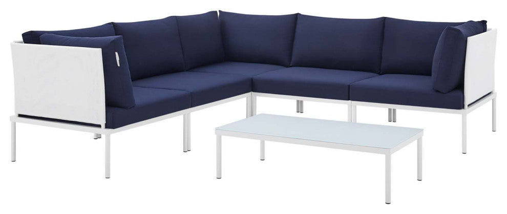 Sectional Sofa Chair Table Set, Sunbrella, Aluminum, White Blue Navy, Outdoor