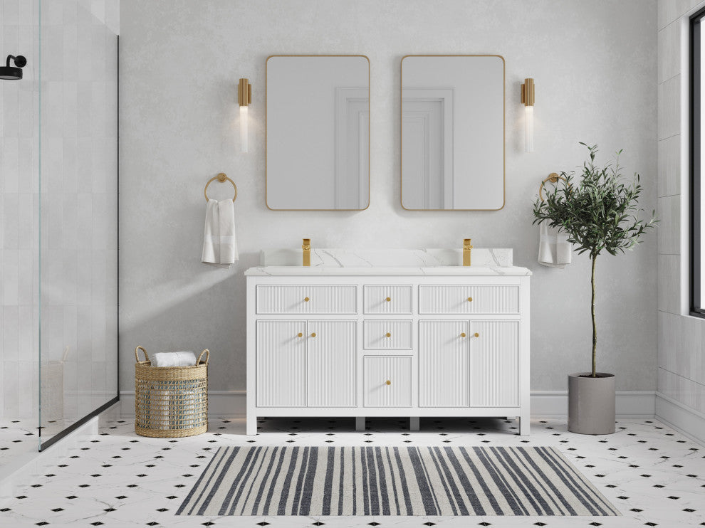 Sonoma 60 Double Sink Reeded Bathroom Vanity in White 1.5" Calacatta Laza