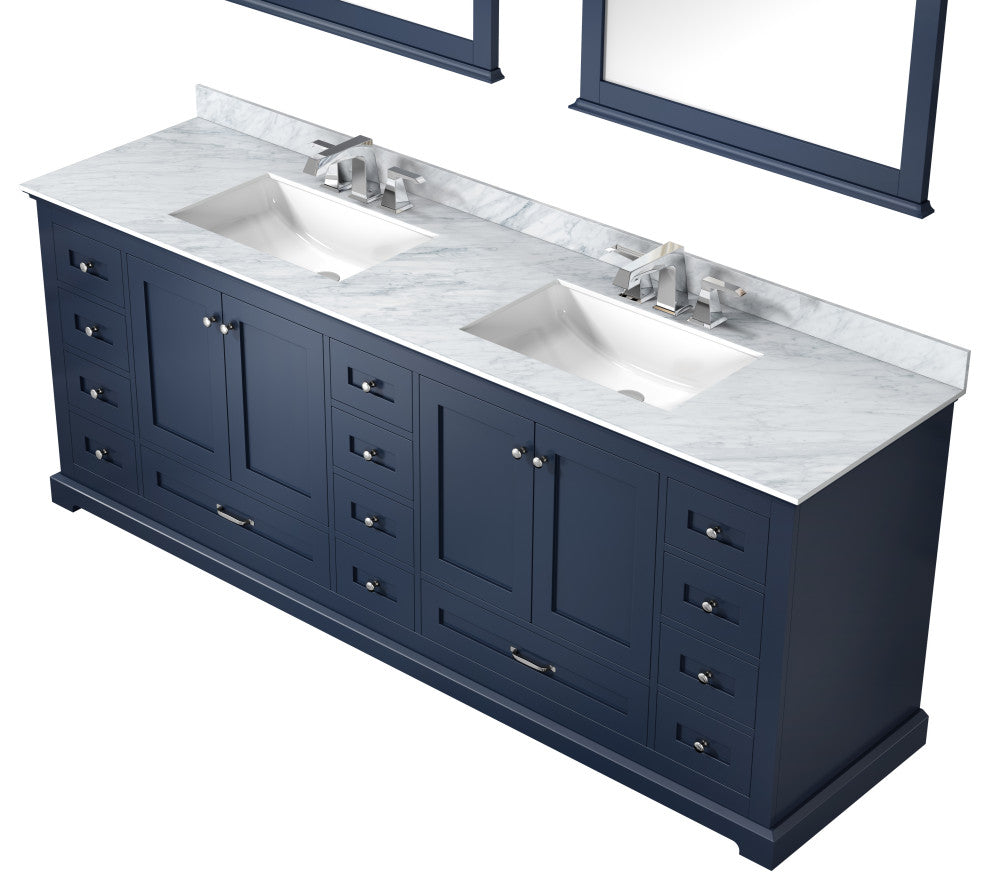 Dukes 84" Navy Blue Double Vanity, White Square Sinks, 34" Mirrors With Faucets