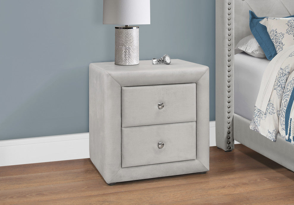 Bedroom Accent, Nightstand, End, Side, Lamp, Storage Drawer, Velvet, Grey