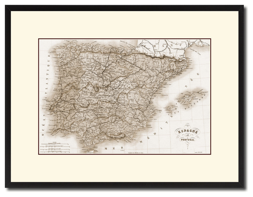 Spain Portugal Vintage Sepia Map Canvas Print, 16"x21"