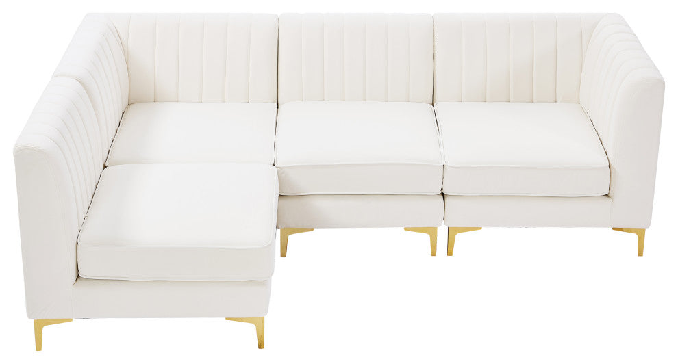 Alina Velvet Modular L-Shaped Modular Sectional, Cream, 4-Piece: 2 Armless Chair, 2 Corner Chair