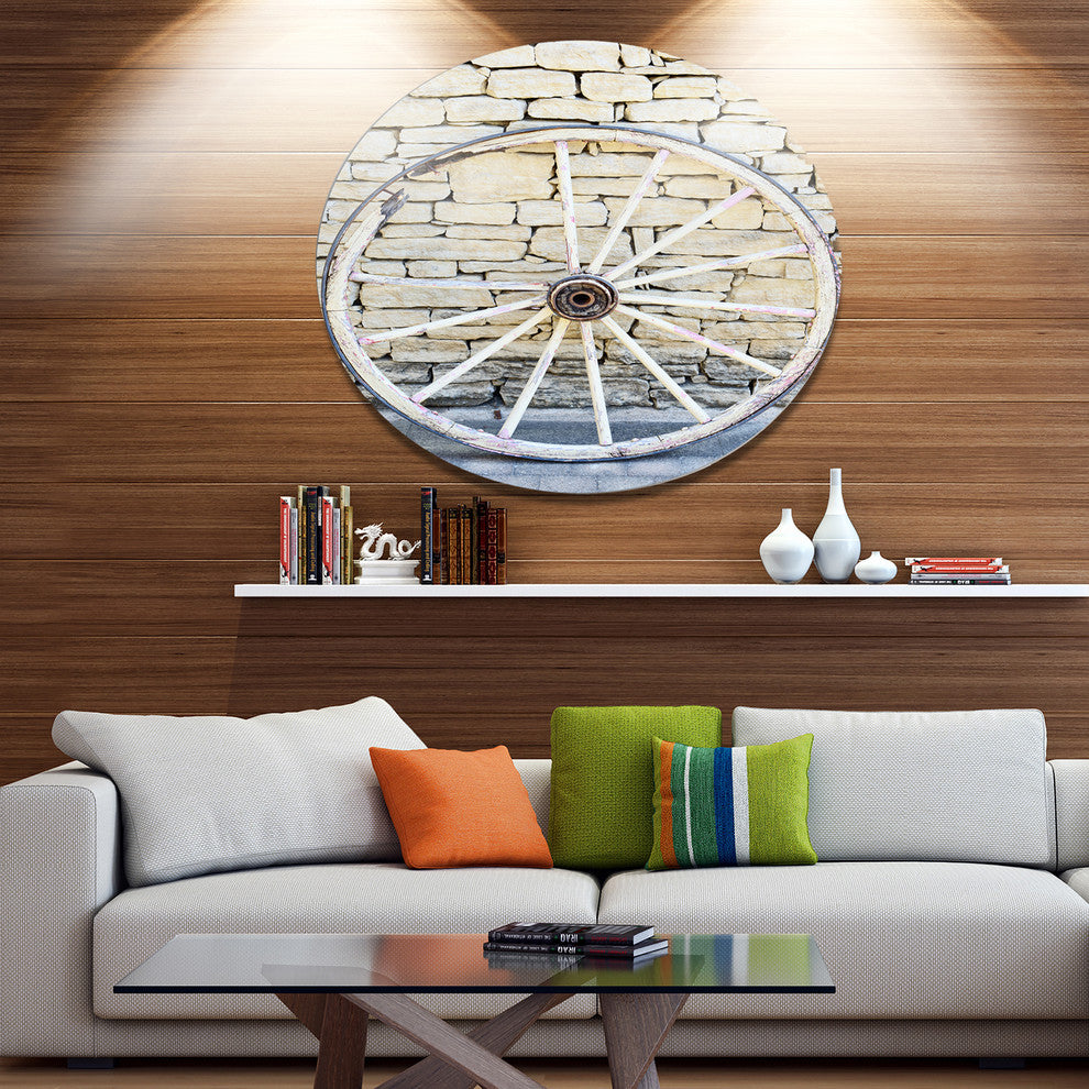 Old Vintage Broken Wood Wheel, Landscape Disc Metal Artwork, 23"