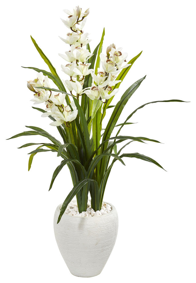 4" Cymbidium Orchid Artificial Plant in White Planter
