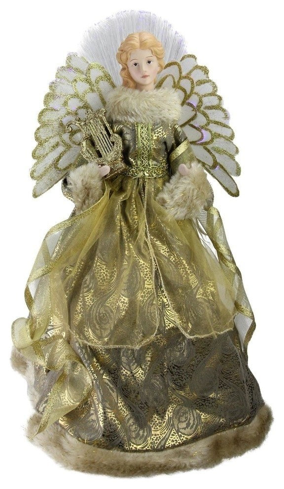16" Battery-Operated Angel, Gold Gown With Harp Christmas Tree Topper