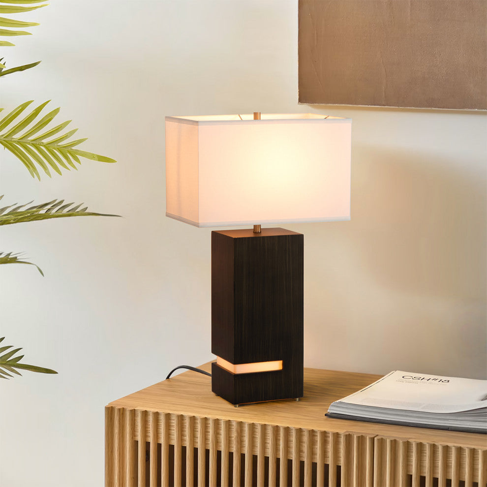 Zen Standing Table Lamp - Gilded Ebony Wood Finish, Weathered Brass, White Linen