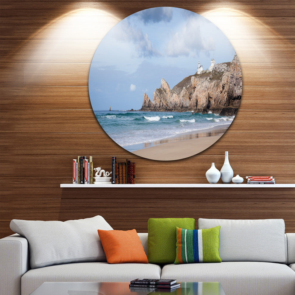 Coastline With Lighthouse Panorama, Seashore Round Wall Art, 11"