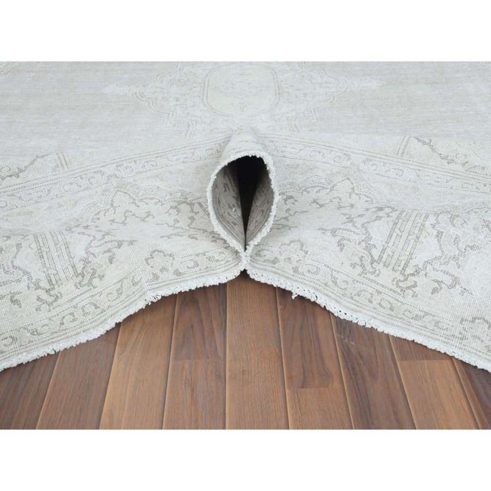Hand Knotted, Ivory, Vintage Persian Kerman, Worn Wool Oriental Rug 9'6" x 12'5"