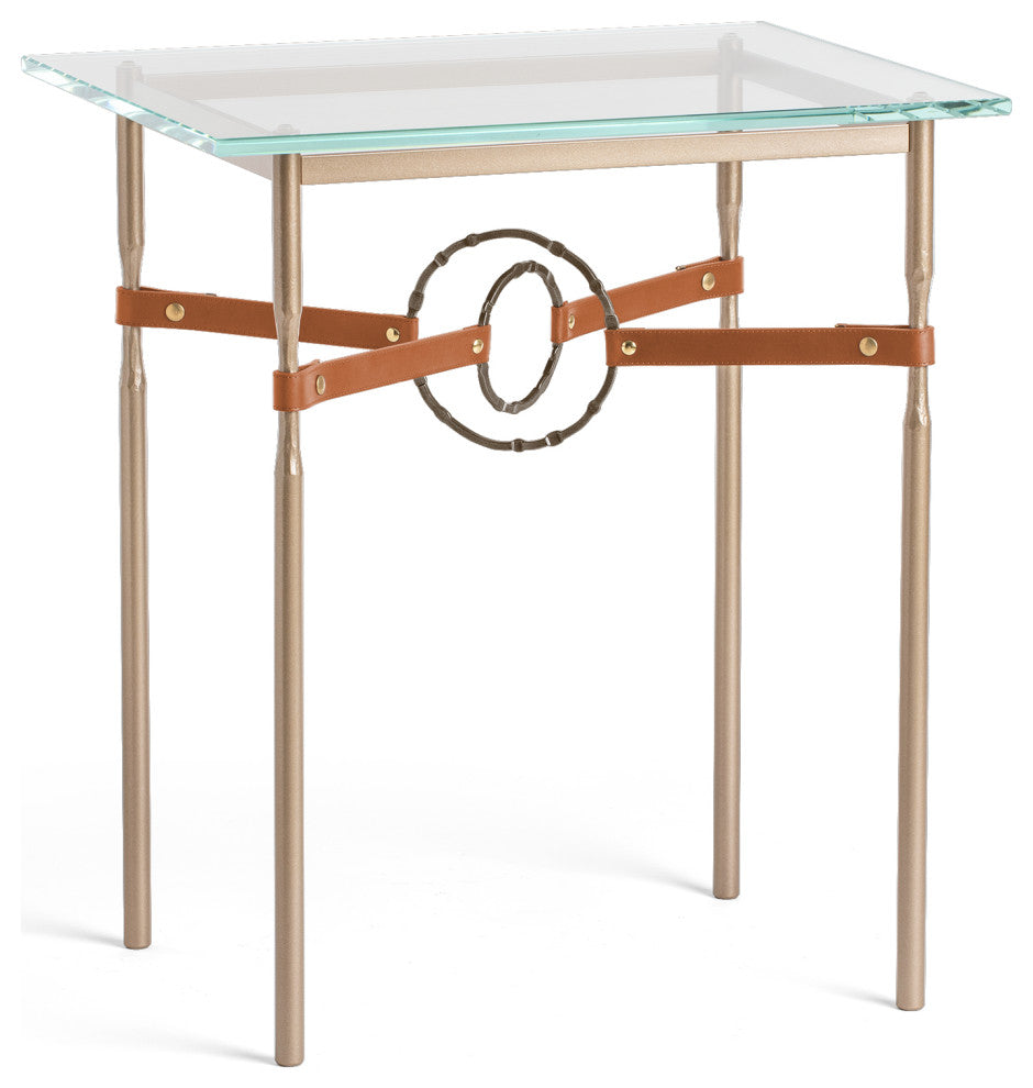 Equus Side Table, Soft Gold Finish, Bronze Accents, Chestnut Leather Strap