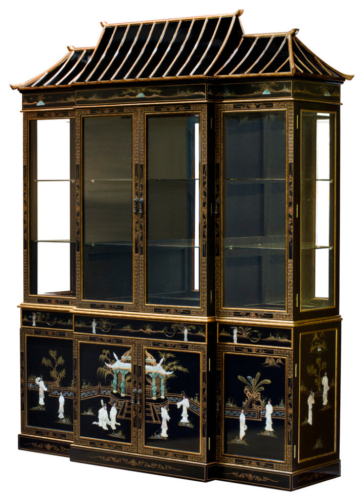 Black Lacquer Mother of Pearl Pagoda China Cabinet - FREE Inside Delivery