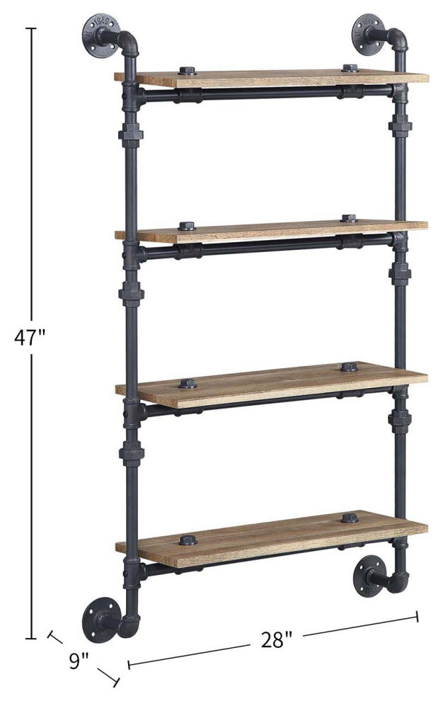 4 Tier Oak Wood Floating Shelf With Metal Tube, Sandy Black