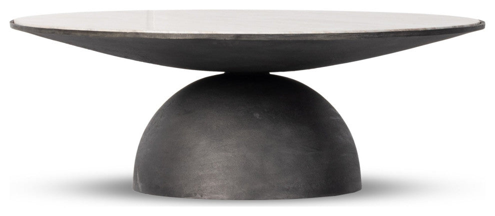 Corbett Large Coffee Table Creamy Taupe Marble, Hammered Grey