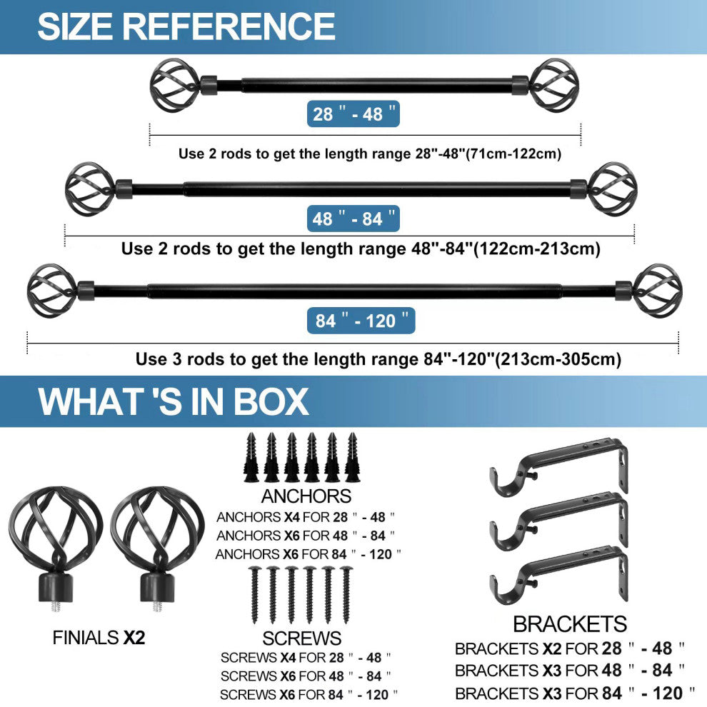 1" Zeffoli Drapery Curtain Rod, Black, 84"-120"