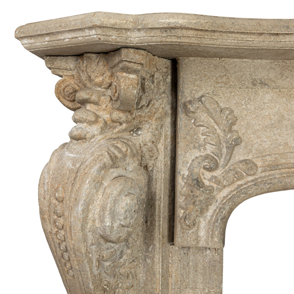 Decorative Wood Fireplace Mantel Ornate, Distressed Cream
