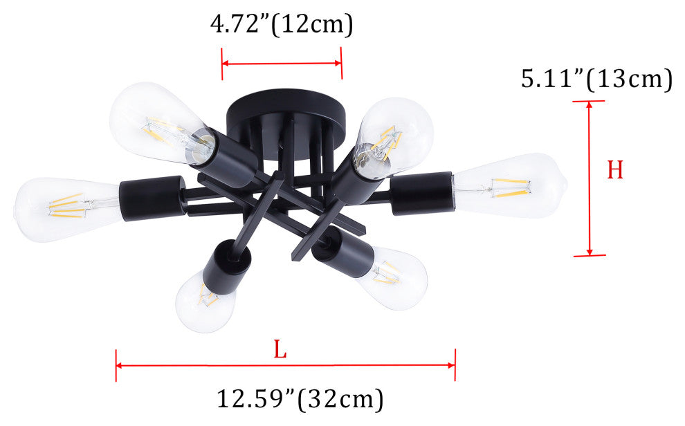 Black 6-Light Unique Sputnik Semi Flush Mount Light