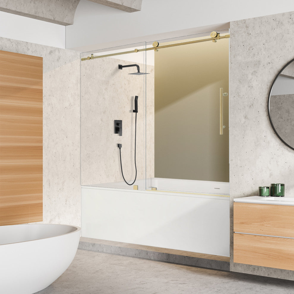 Lazaro Single Sliding Frameless Tub Door, Clear Glass, Brushed Gold, 60"wx58"h