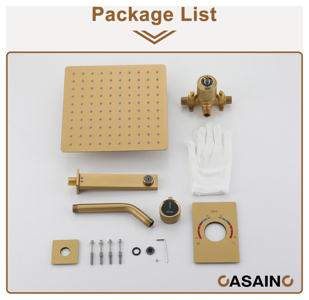 10inch Wall Mount Dual Function Rain Shower System with Tub Spout, Brushed Gold