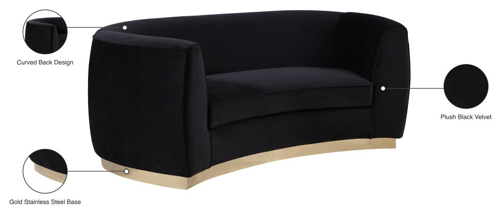 Julian Velvet Upholstered Loveseat, Black, Gold Base