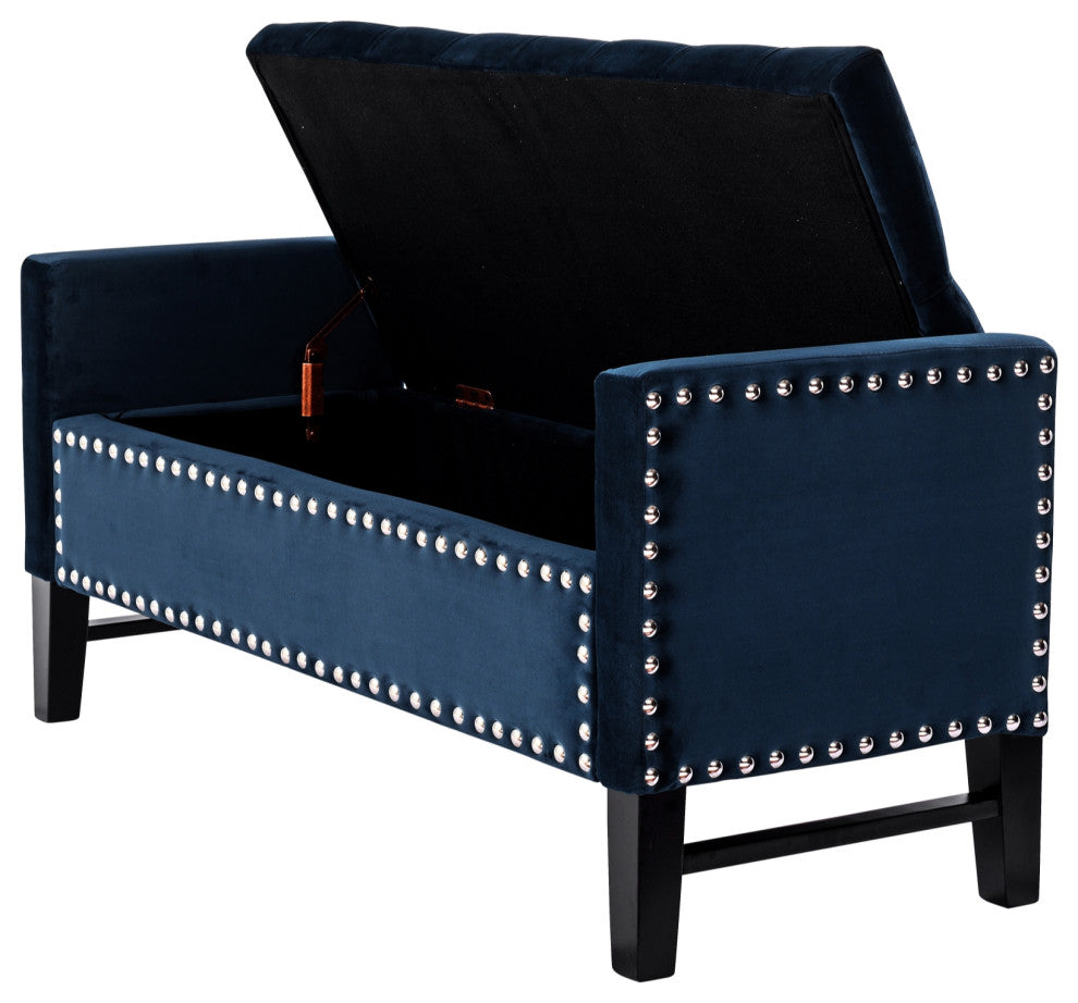 Grace Velvet Button Tufted With Silver Nailhead Trim Storage Bench, Navy