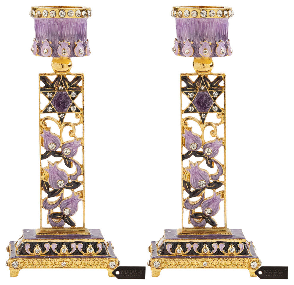 Matashi Shabbat Candlestick Holder (2-Piece) Hand-Painted,  Pewter (Purple)