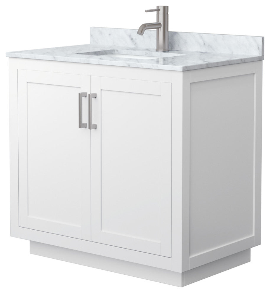 36" Single Bathroom Vanity White, White Carrara Countertop, Sink, Nickel Trim