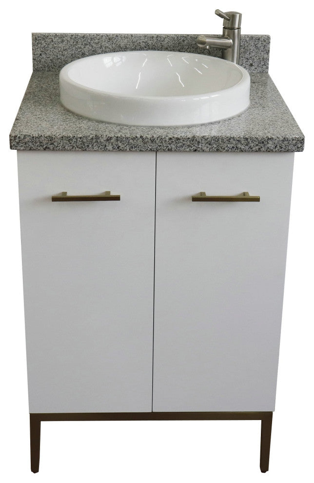 25" Single Sink Vanity, White Finish With Gray Granite And Round Sink