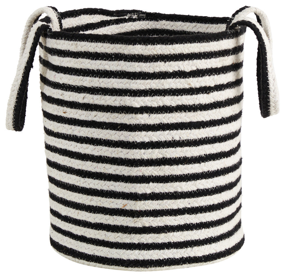 13" Boho Chic Basket Natural Cotton, Handwoven Black & White Stripe With Handles