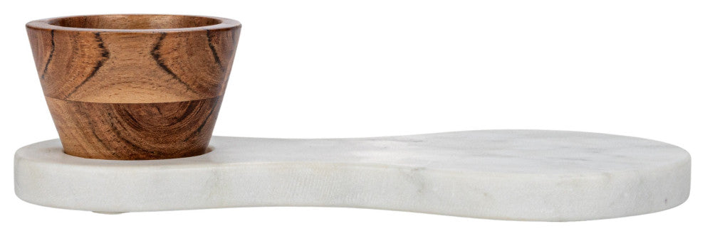 Marble Serving Board With Mango Wood Bowl, White and Natural