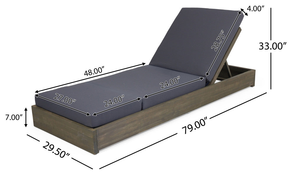 GDF Studio Acacia Wood Chaise Lounge & Foldable Cushion Set, Sandblast Gray/Dark Gray, Set of 2