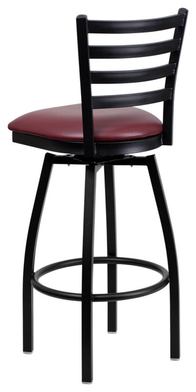 HERCULES Series Black Ladder Back Swivel Metal Barstool, Burgundy Vinyl Seat