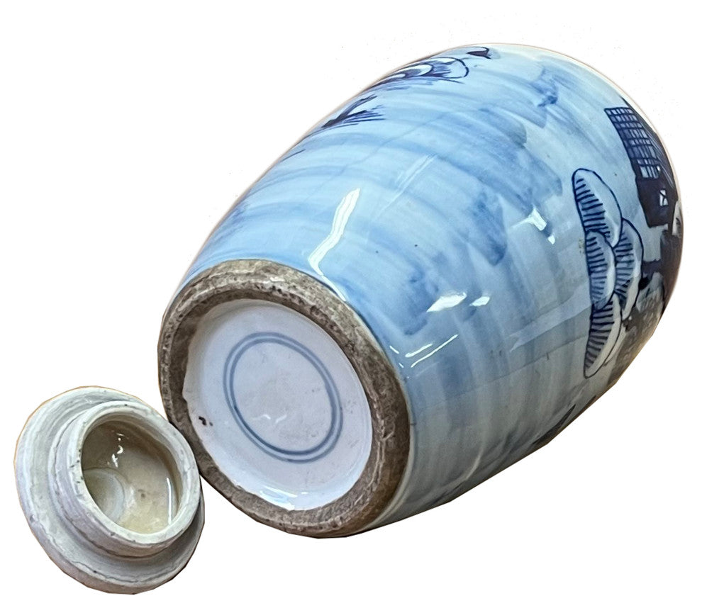 Lot of 2 Blue White Small Scenery Graphic Porcelain Point Lid Jars Hws2514