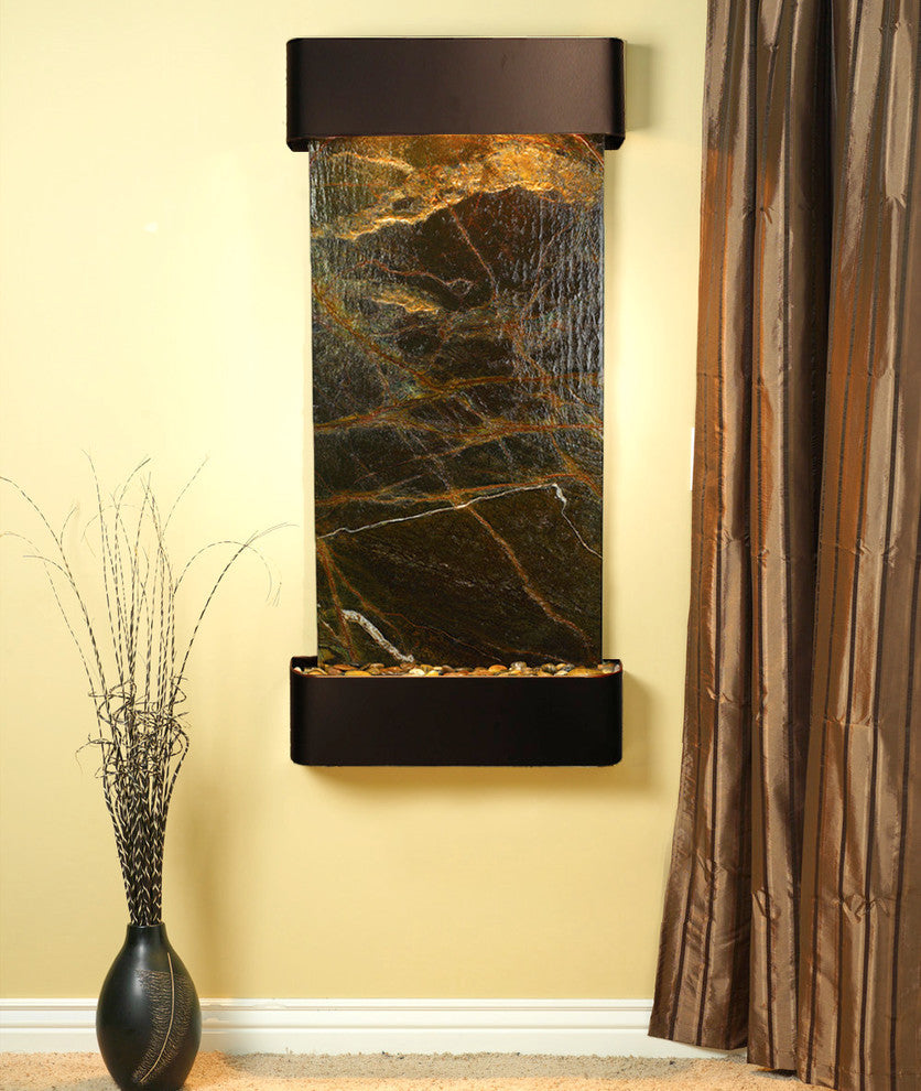 Cascade Springs Water Fountain, Green Marble, Blackened Copper, Round