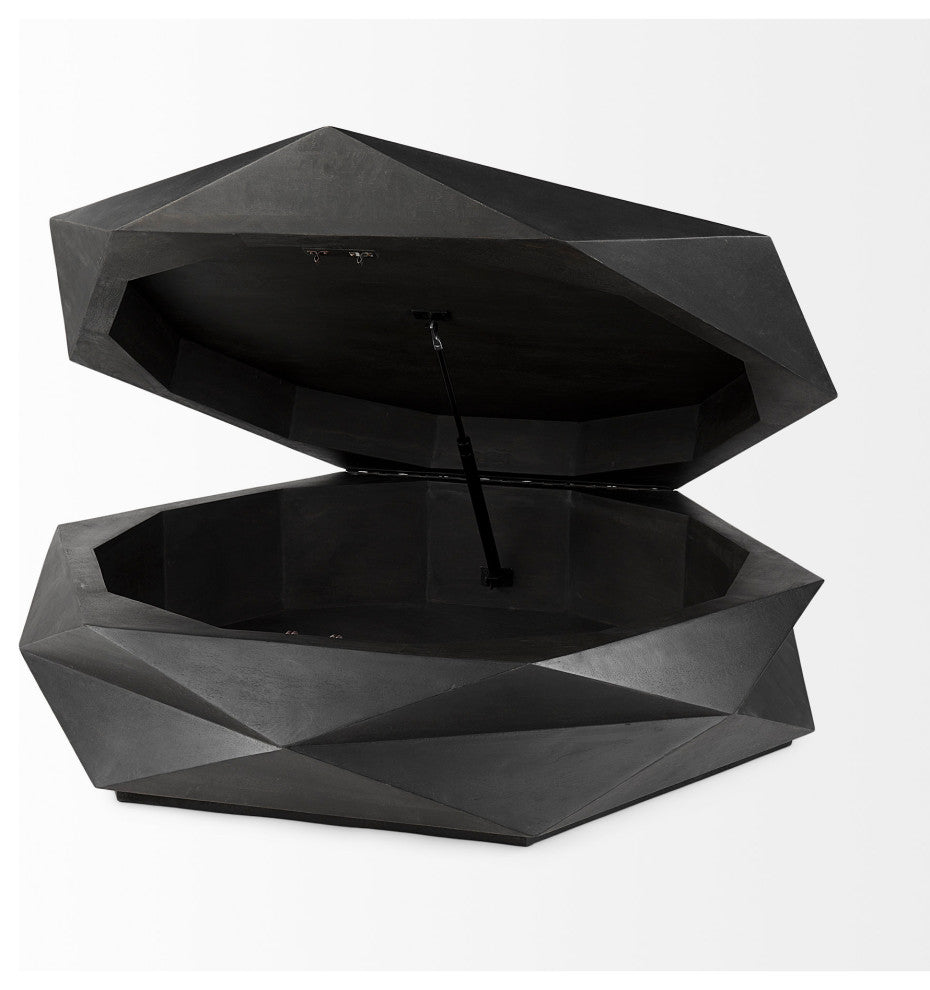 Arreto 48Lx48Wx15H Solid Wood Hexagonal Storage Coffee Table, Black