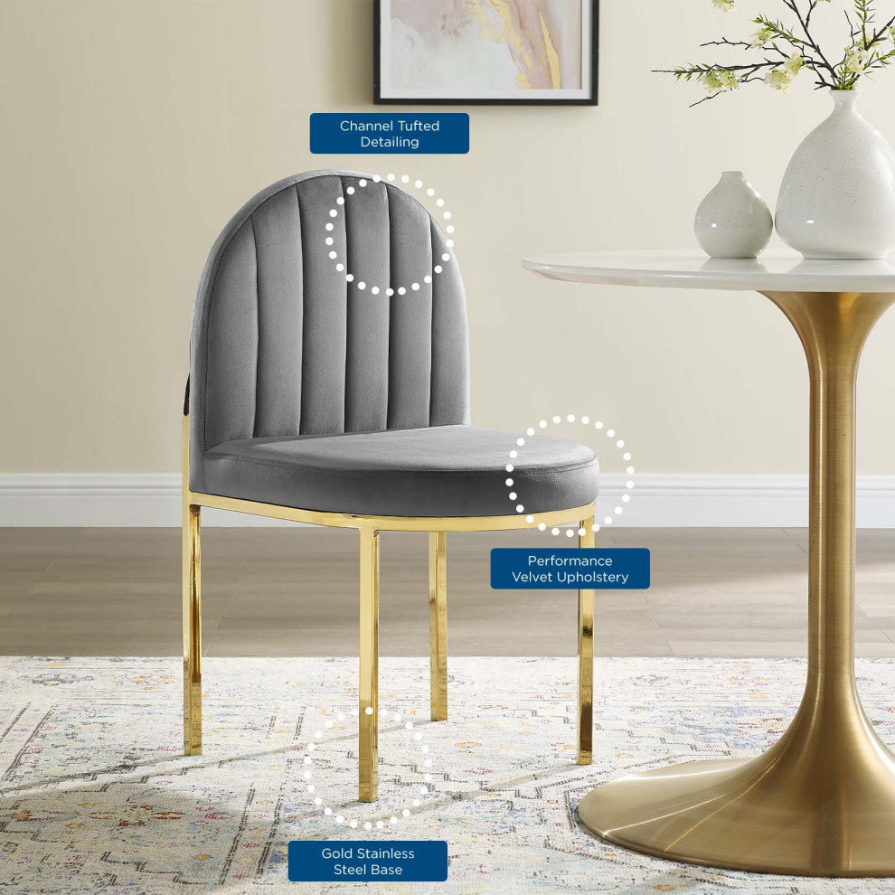 Tufted Side Dining Chair, Velvet, Gold Gray, Modern, Cafe Bistro Restaurant