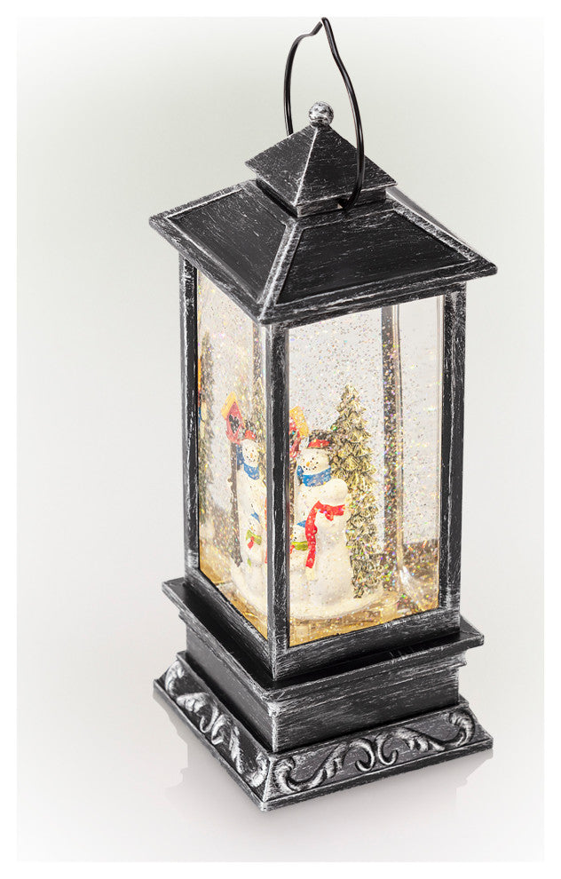 11"H Indoor Lantern Snowman Snow Globe Holiday Decoration with LED Light, Silver