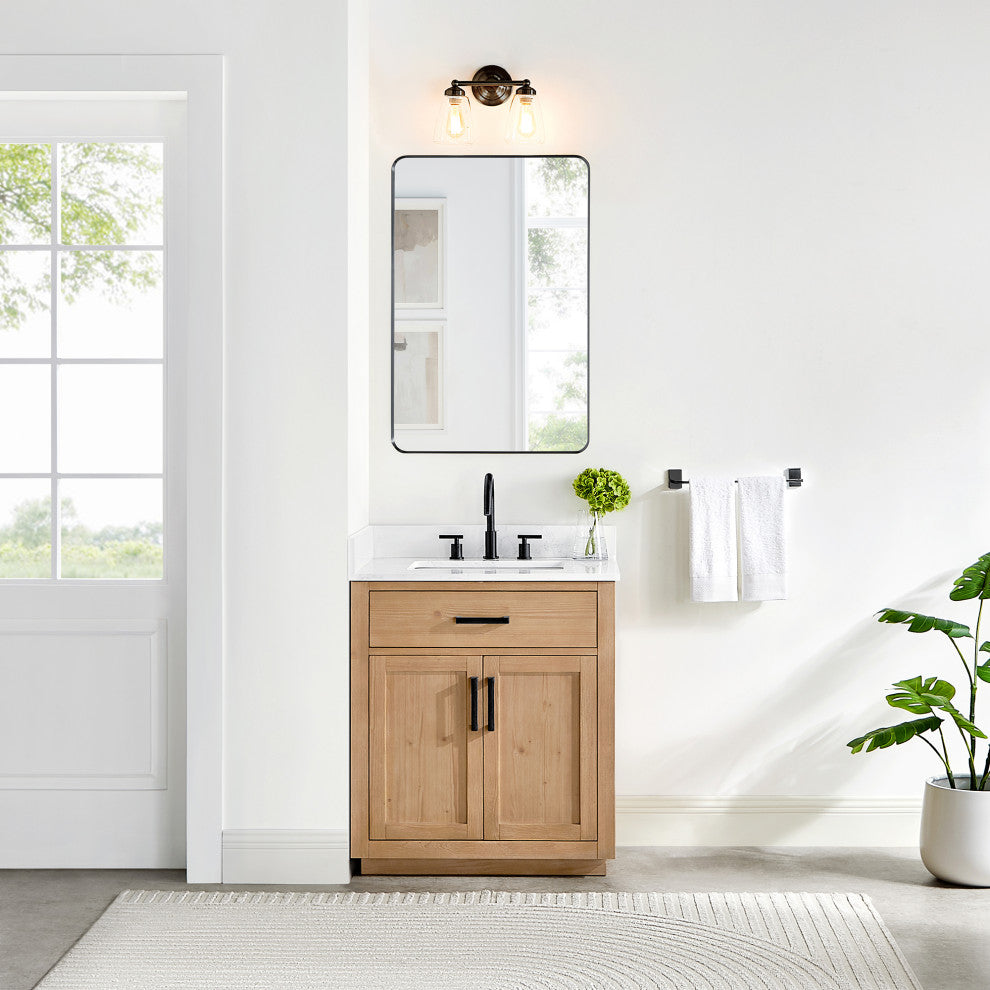 Gavino Vanity With Grain White Composite Stone Top, Light Brown/Matte Black, 30", With Mirror