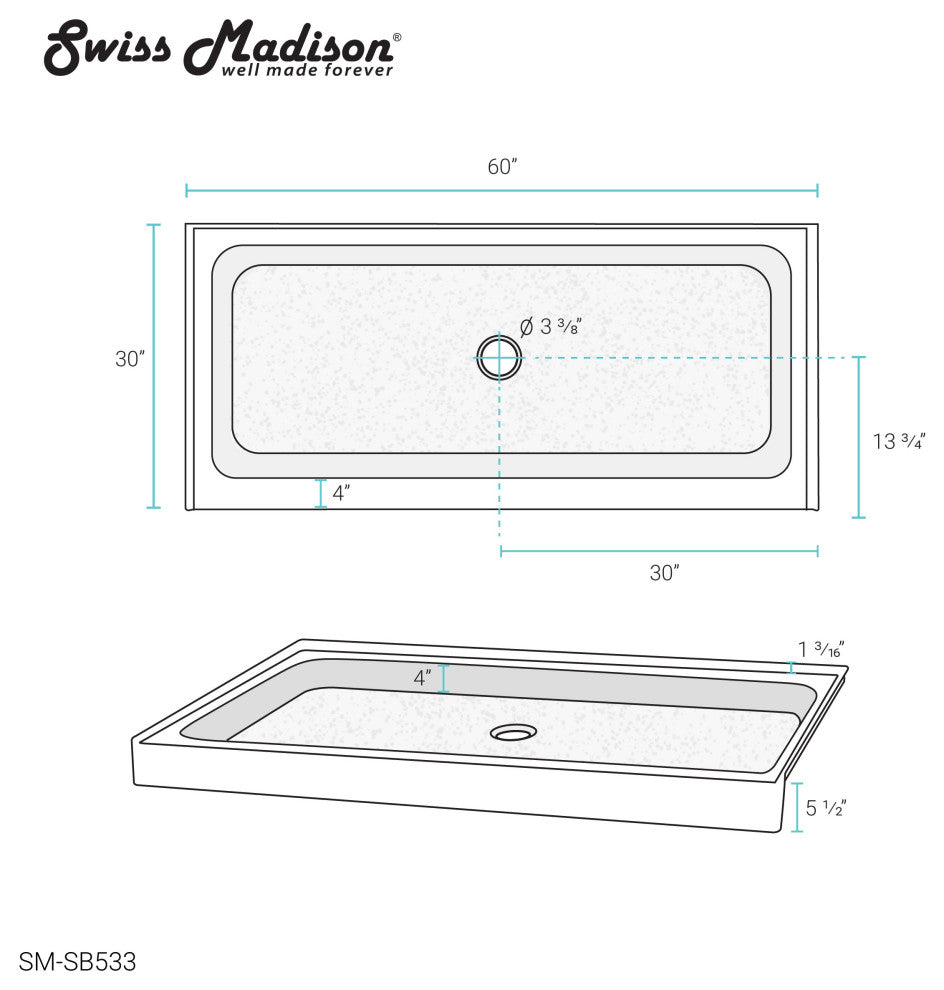 Voltaire 60"x32" Acrylic Black, Single-Threshold, Center Drain, Shower Base