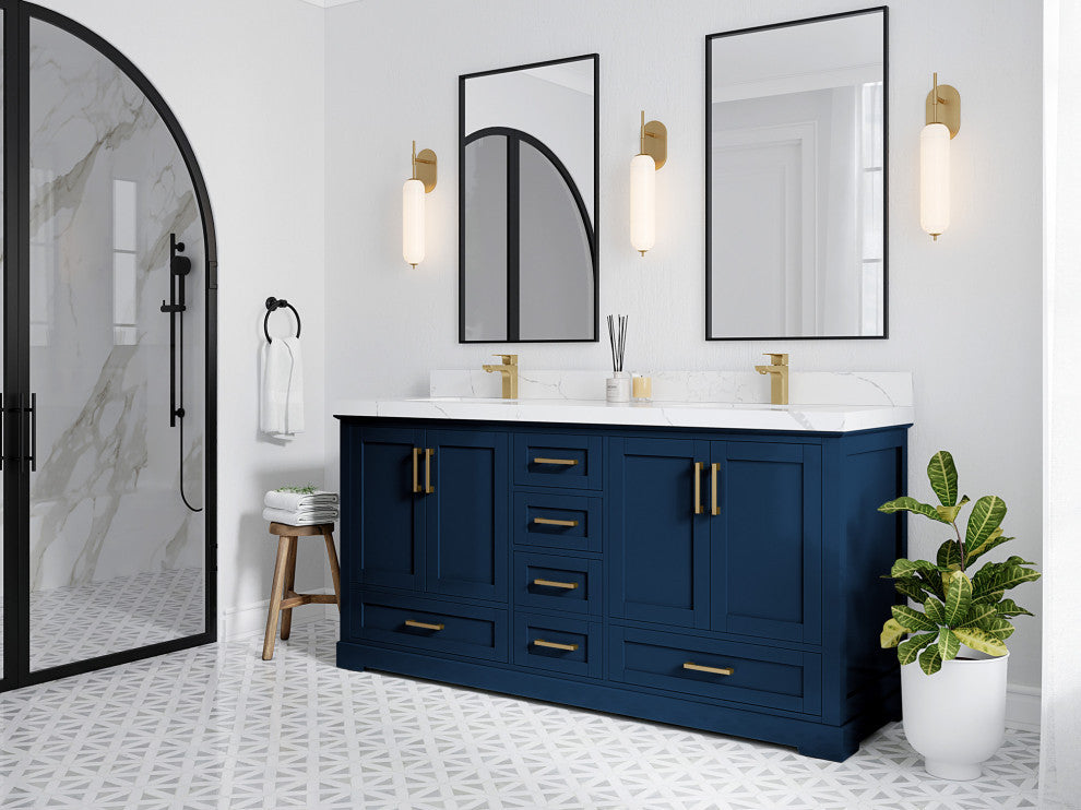 Boston 72 Double Sink Bath Vanity in Navy Blue 2" Piatra Gray